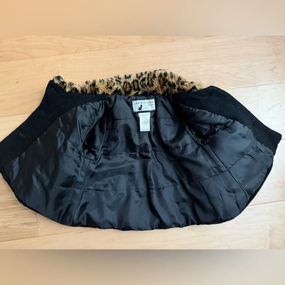 Janie and Jack Black Wool Blend Coat Leopard Faux‎ Fur Collar 6-12 Months Kids